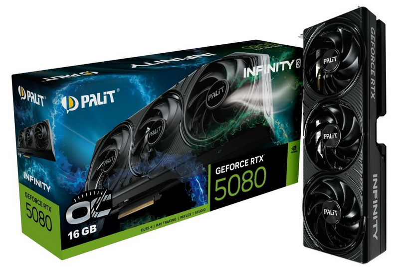 A Palit apresentou a GeForce RTX 5080 Infinity 3 sem iluminação RGB tanto na versão overclockada quanto na não overclockada.